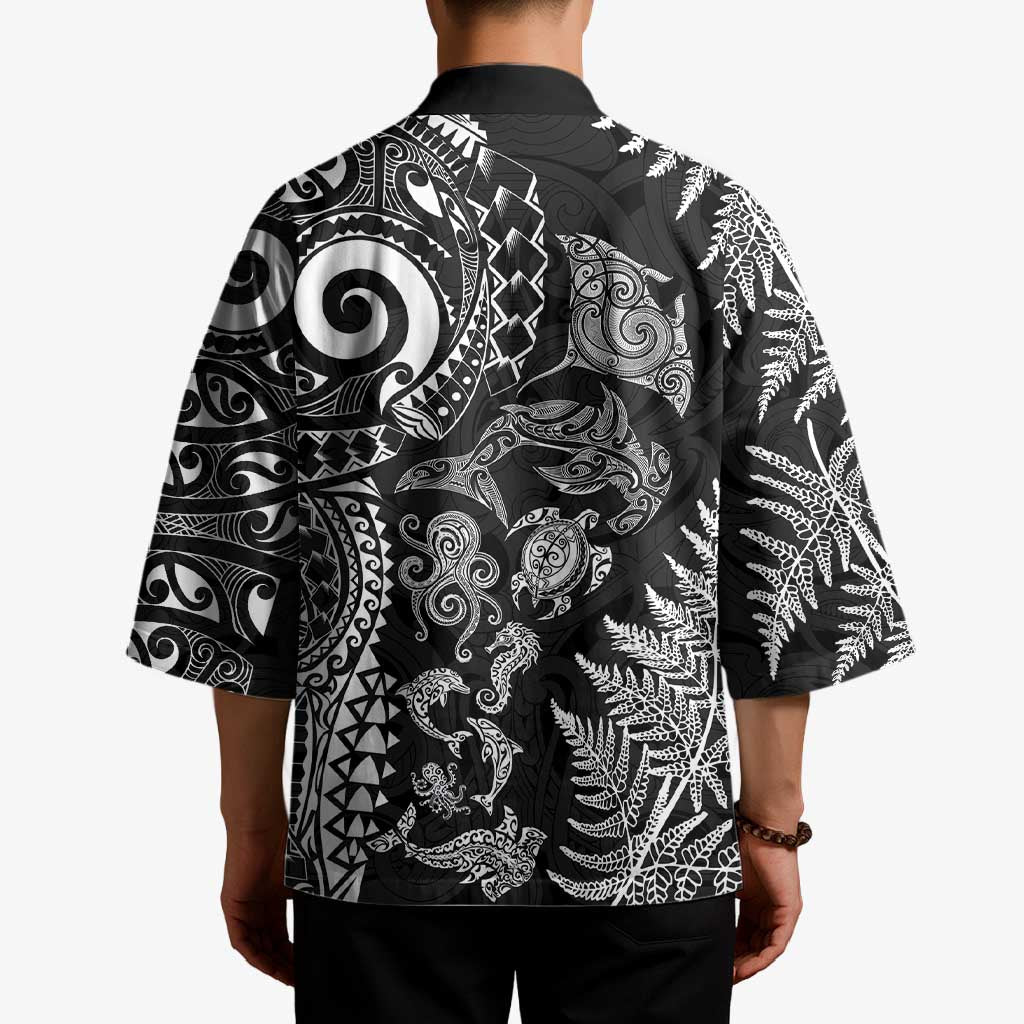 New Zealand Sea Animals Kimono with Maori Koru Tribal Tattoo and Silver Ferns Black Color LT03 - Polynesian Pride