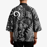 New Zealand Sea Animals Kimono with Maori Koru Tribal Tattoo and Silver Ferns Black Color LT03 - Polynesian Pride