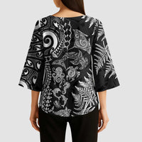 New Zealand Sea Animals Kimono Sleeve Blouse with Maori Koru Tribal Tattoo and Silver Ferns Black Color