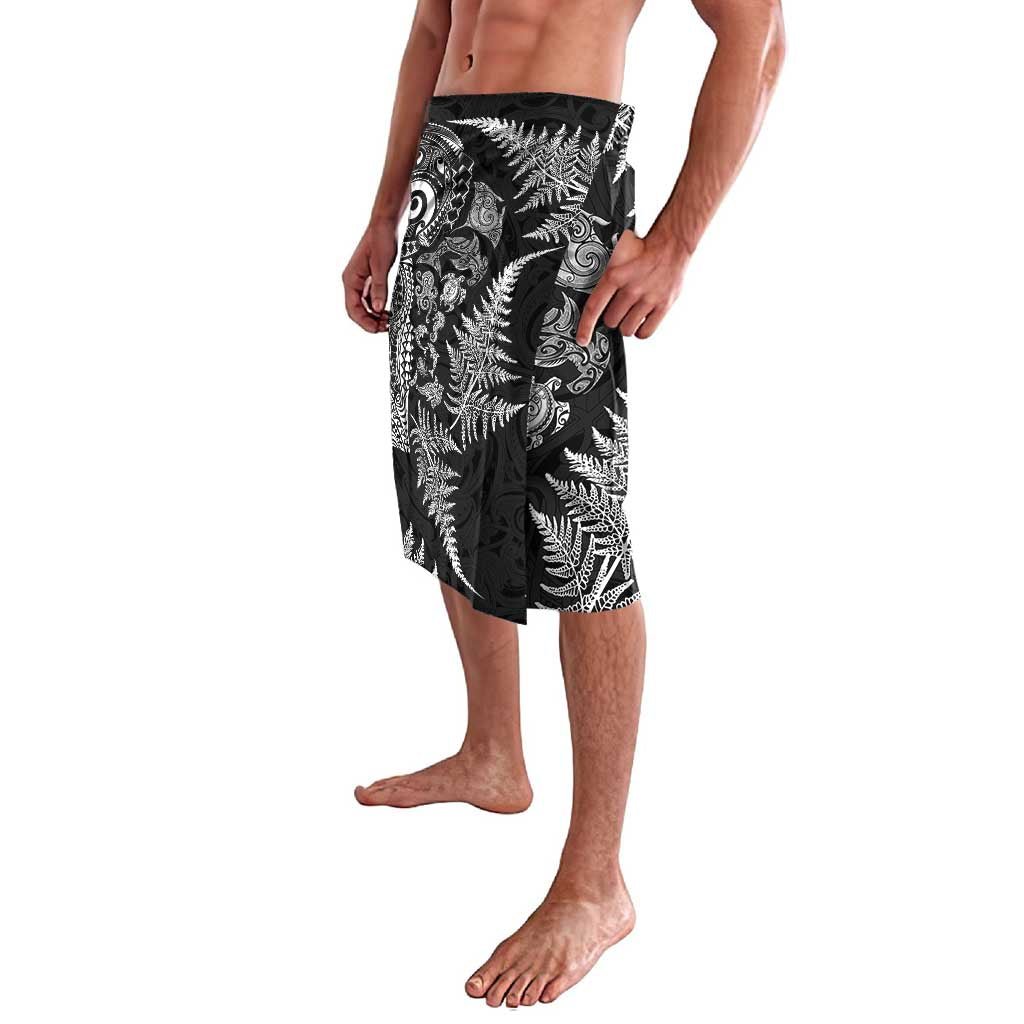 New Zealand Sea Animals Lavalava with Maori Koru Tribal Tattoo and Silver Ferns Black Color