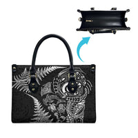New Zealand Sea Animals Leather Bag with Maori Koru Tribal Tattoo and Silver Ferns Black Color