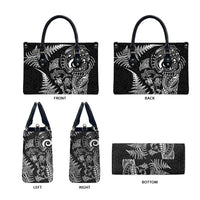 New Zealand Sea Animals Leather Bag with Maori Koru Tribal Tattoo and Silver Ferns Black Color