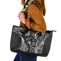 New Zealand Sea Animals Leather Tote Bag with Maori Koru Tribal Tattoo and Silver Ferns Black Color