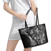 New Zealand Sea Animals Leather Tote Bag with Maori Koru Tribal Tattoo and Silver Ferns Black Color