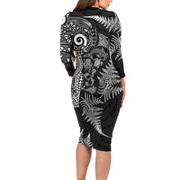 New Zealand Sea Animals Long Sleeve Bodycon Dress with Maori Koru Tribal Tattoo and Silver Ferns Black Color