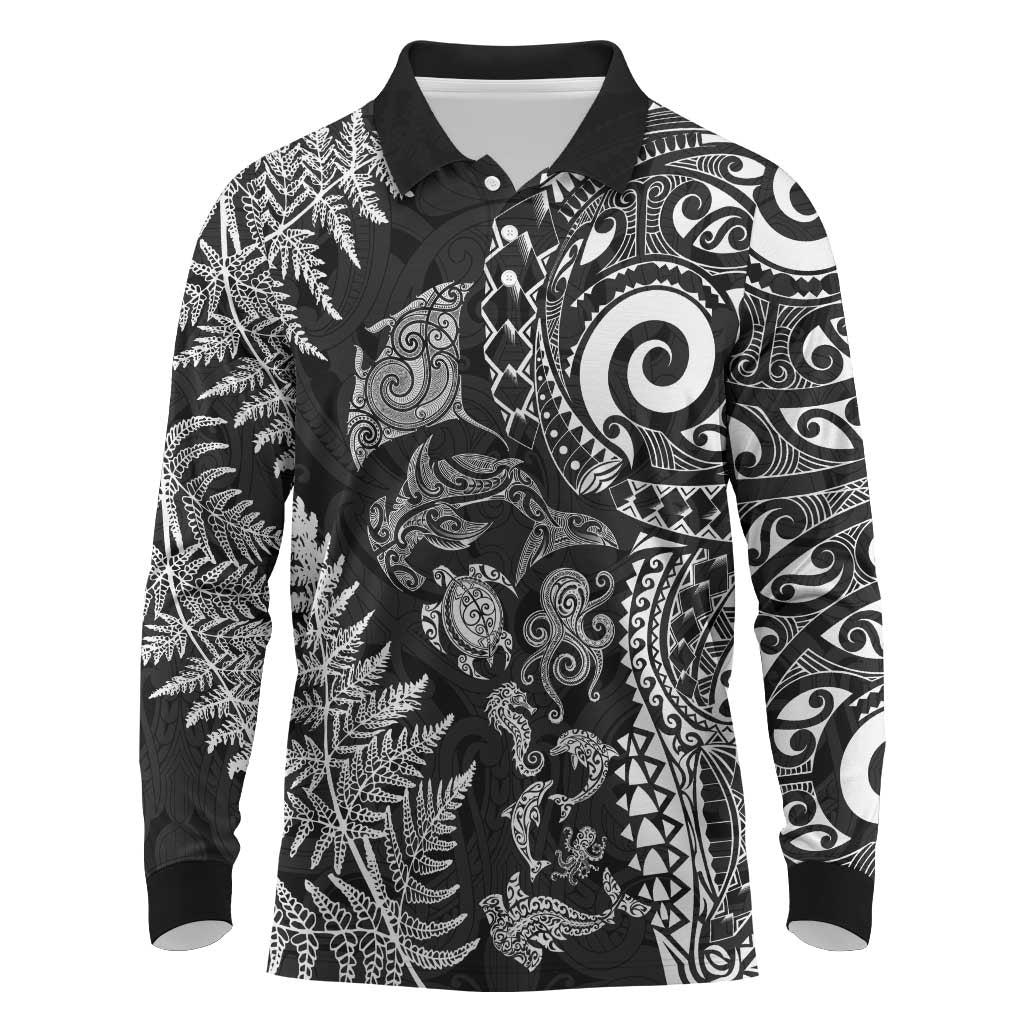 New Zealand Sea Animals Long Sleeve Polo Shirt with Maori Koru Tribal Tattoo and Silver Ferns Black Color