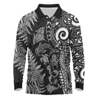 New Zealand Sea Animals Long Sleeve Polo Shirt with Maori Koru Tribal Tattoo and Silver Ferns Black Color