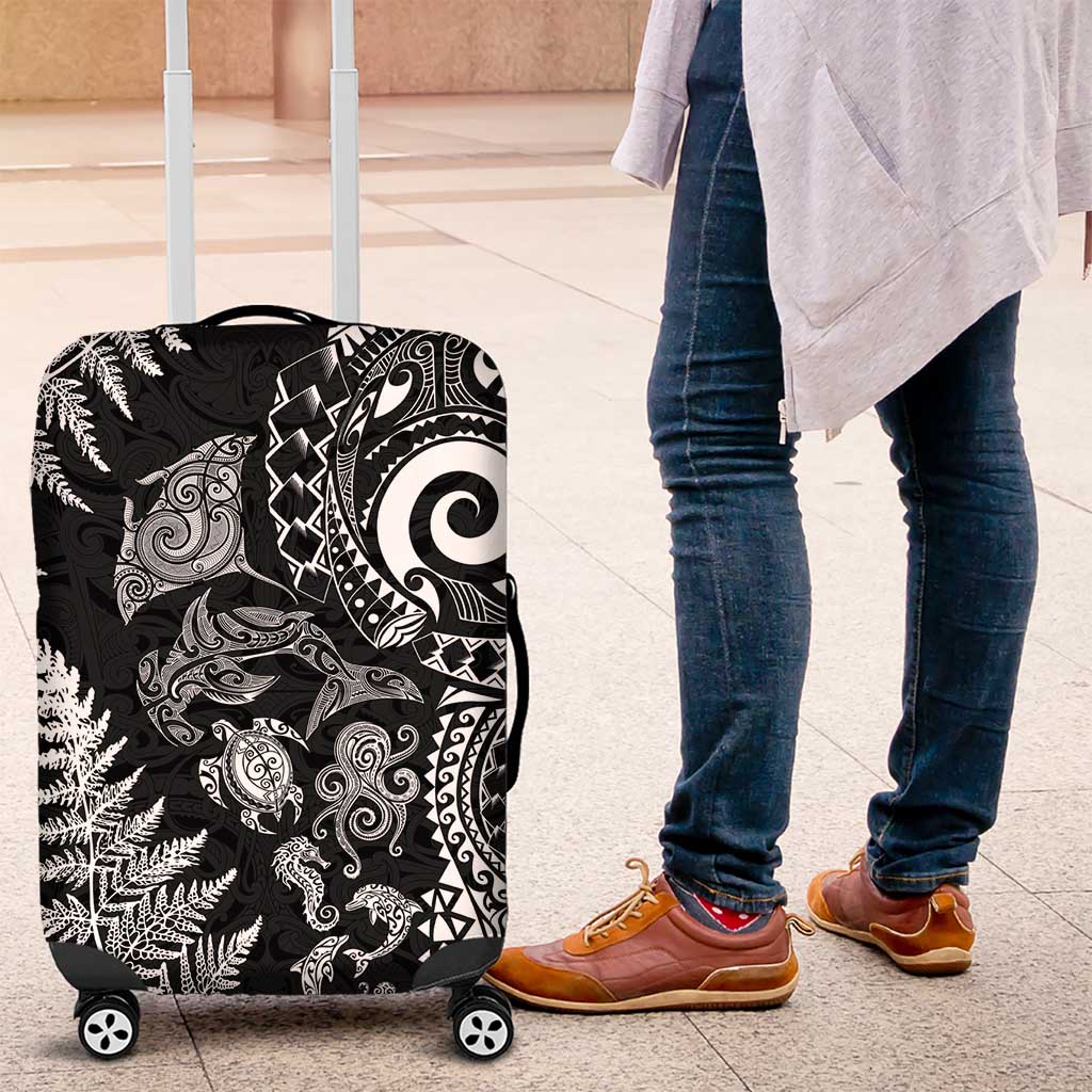New Zealand Sea Animals Luggage Cover with Maori Koru Tribal Tattoo and Silver Ferns Black Color