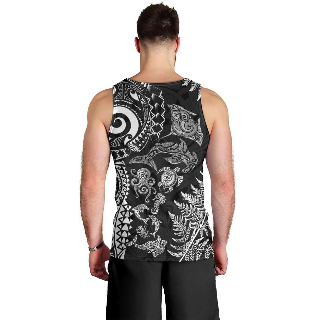 New Zealand Sea Animals Men Tank Top with Maori Koru Tribal Tattoo and Silver Ferns Black Color
