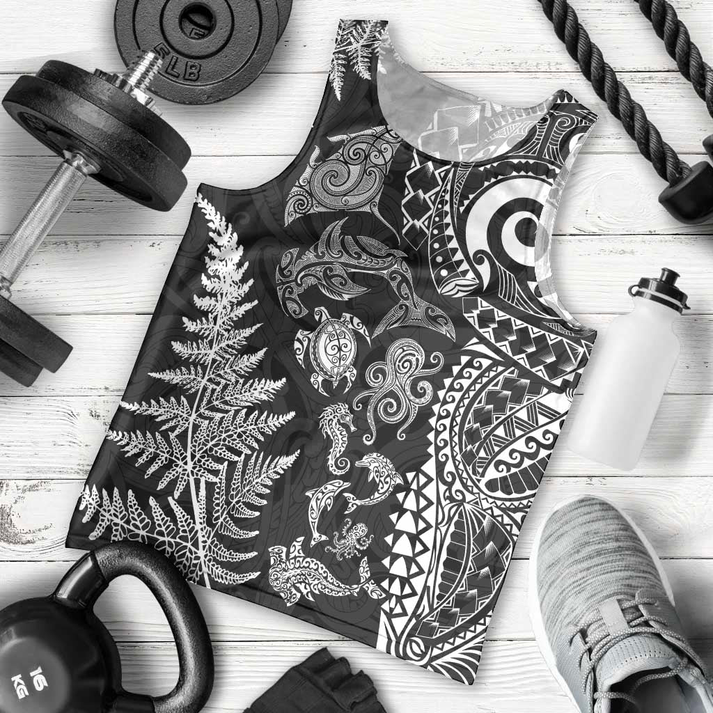New Zealand Sea Animals Men Tank Top with Maori Koru Tribal Tattoo and Silver Ferns Black Color