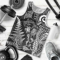 New Zealand Sea Animals Men Tank Top with Maori Koru Tribal Tattoo and Silver Ferns Black Color