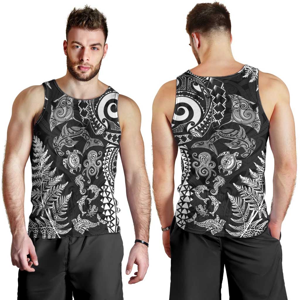 New Zealand Sea Animals Men Tank Top with Maori Koru Tribal Tattoo and Silver Ferns Black Color