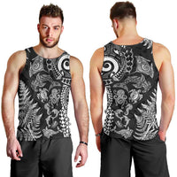 New Zealand Sea Animals Men Tank Top with Maori Koru Tribal Tattoo and Silver Ferns Black Color