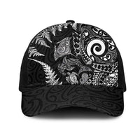 New Zealand Sea Animals Mesh Trucker Cap with Maori Koru Tribal Tattoo and Silver Ferns Black Color