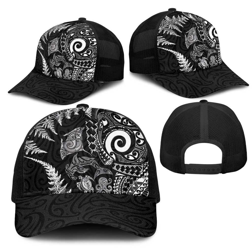 New Zealand Sea Animals Mesh Trucker Cap with Maori Koru Tribal Tattoo and Silver Ferns Black Color