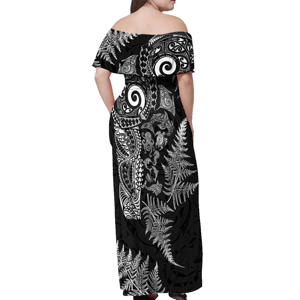 New Zealand Sea Animals Off Shoulder Maxi Dress with Maori Koru Tribal Tattoo and Silver Ferns Black Color