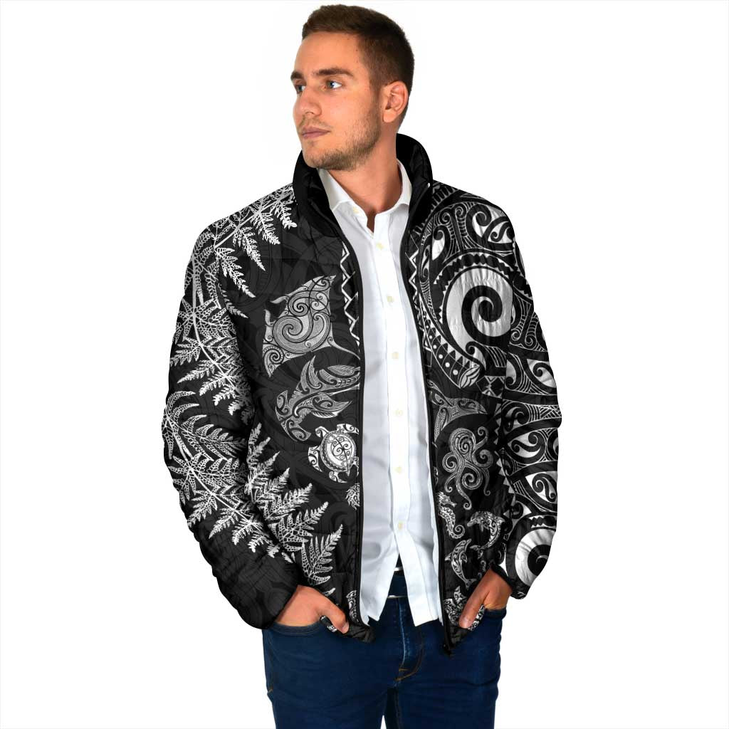 New Zealand Sea Animals Padded Jacket with Maori Koru Tribal Tattoo and Silver Ferns Black Color