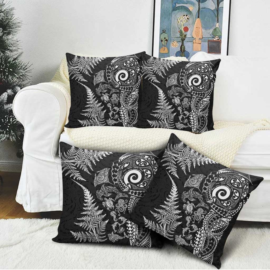 New Zealand Sea Animals Pillow Cover with Maori Koru Tribal Tattoo and Silver Ferns Black Color