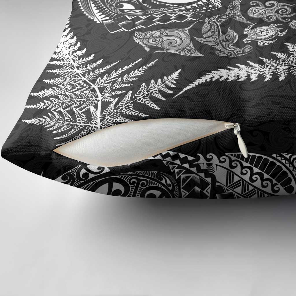 New Zealand Sea Animals Pillow Cover with Maori Koru Tribal Tattoo and Silver Ferns Black Color