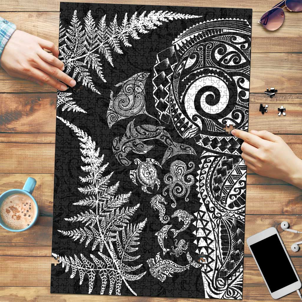 New Zealand Sea Animals Puzzle with Maori Koru Tribal Tattoo and Silver Ferns Black Color