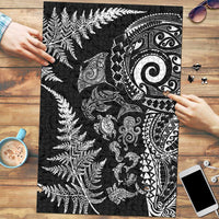 New Zealand Sea Animals Puzzle with Maori Koru Tribal Tattoo and Silver Ferns Black Color