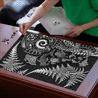 New Zealand Sea Animals Puzzle with Maori Koru Tribal Tattoo and Silver Ferns Black Color