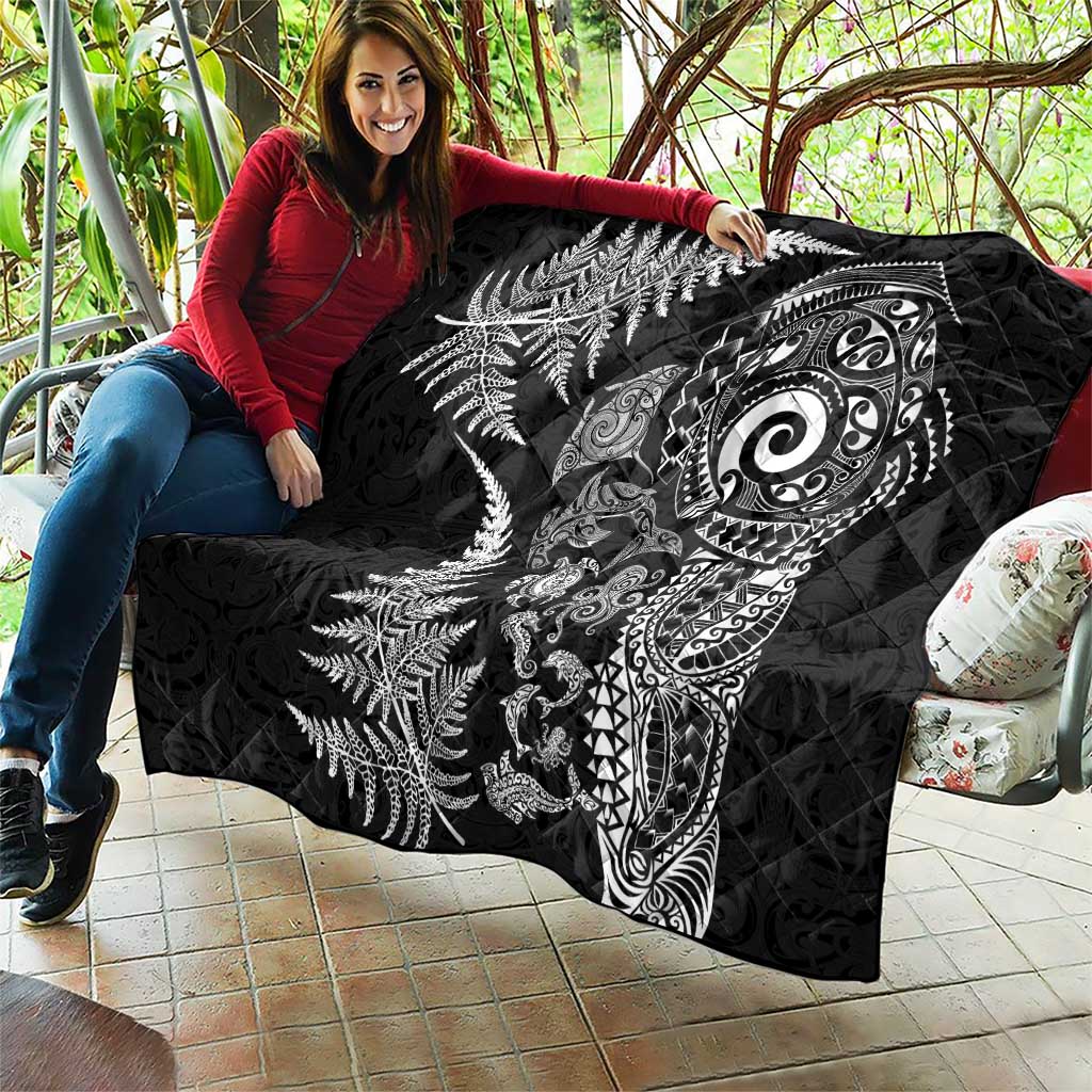 New Zealand Sea Animals Quilt with Maori Koru Tribal Tattoo and Silver Ferns Black Color