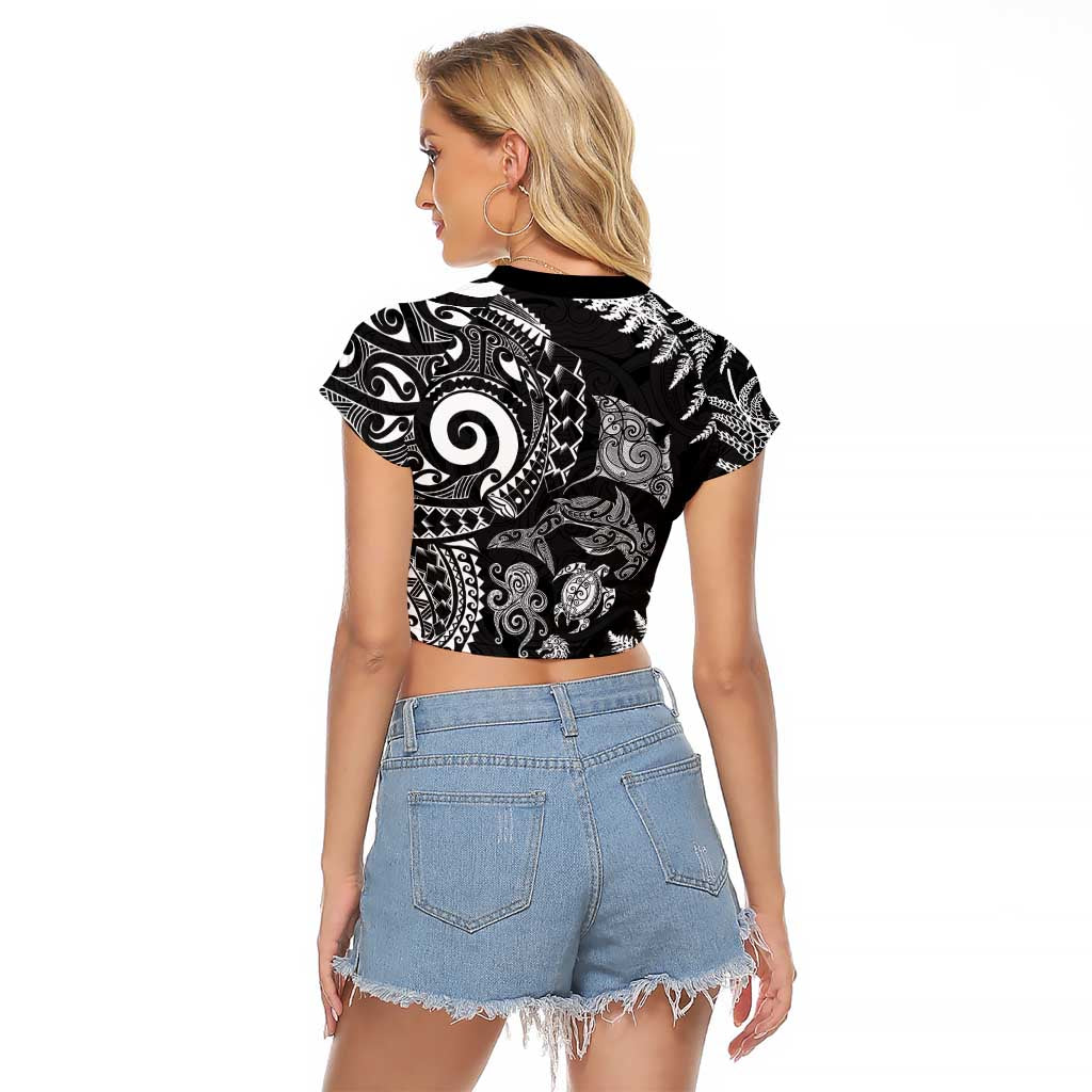 New Zealand Sea Animals Raglan Cropped T Shirt with Maori Koru Tribal Tattoo and Silver Ferns Black Color