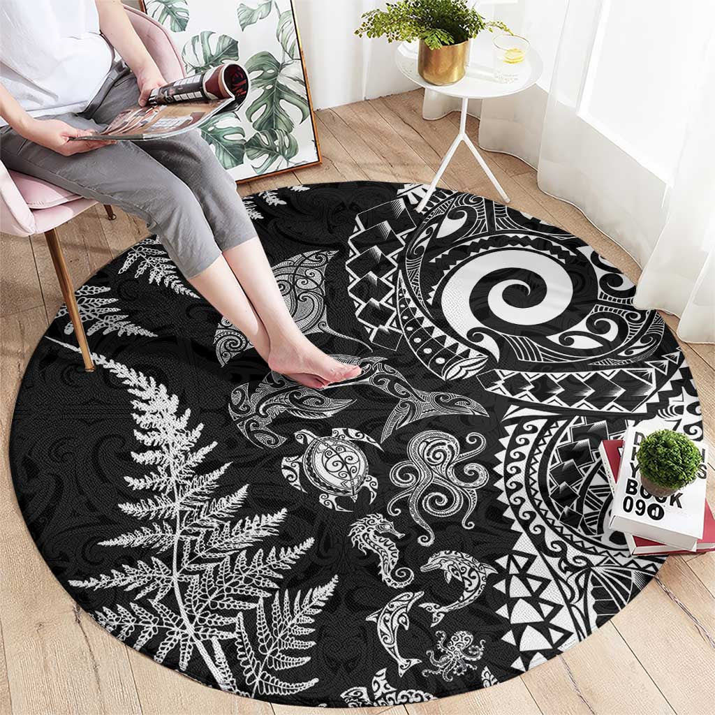 New Zealand Sea Animals Round Carpet with Maori Koru Tribal Tattoo and Silver Ferns Black Color