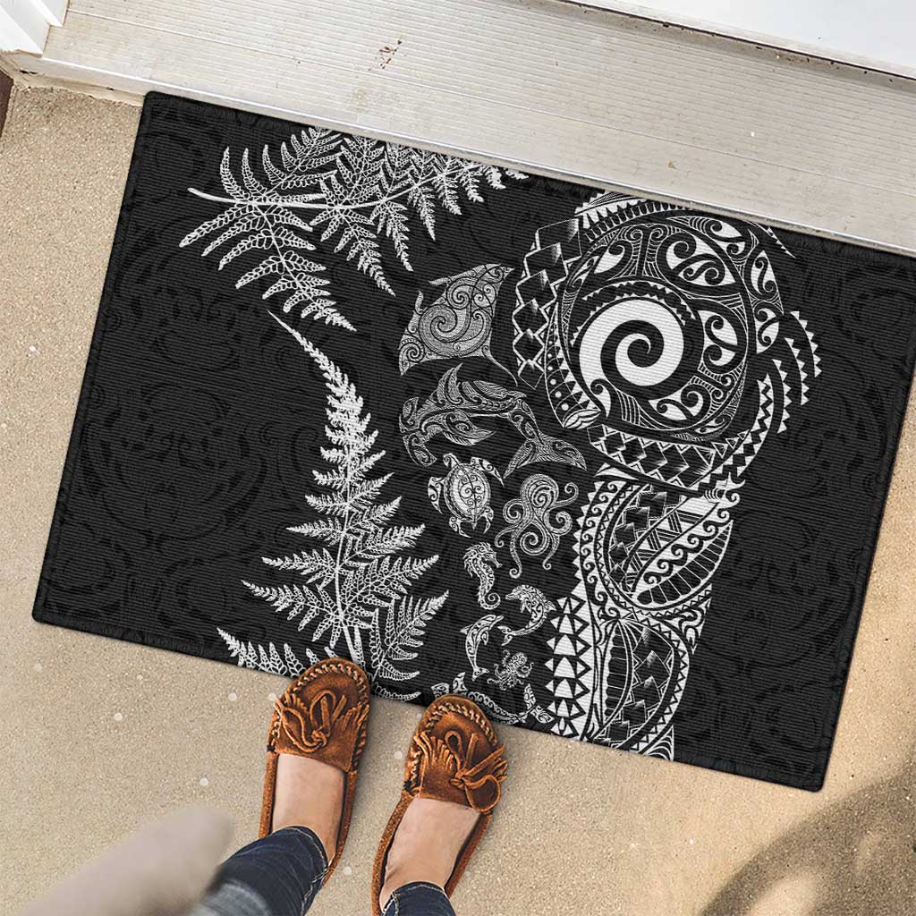 New Zealand Sea Animals Rubber Doormat with Maori Koru Tribal Tattoo and Silver Ferns Black Color