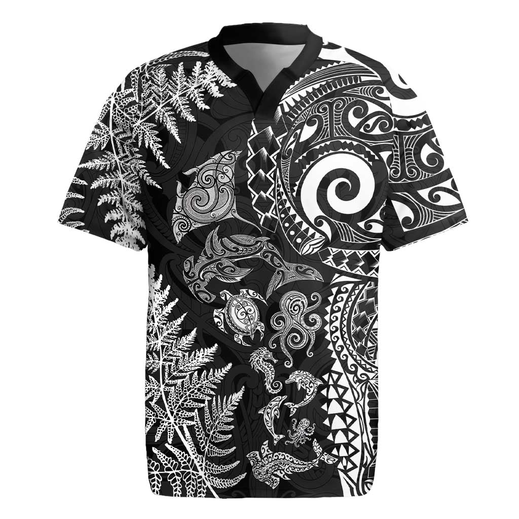 New Zealand Sea Animals Rugby Jersey with Maori Koru Tribal Tattoo and Silver Ferns Black Color