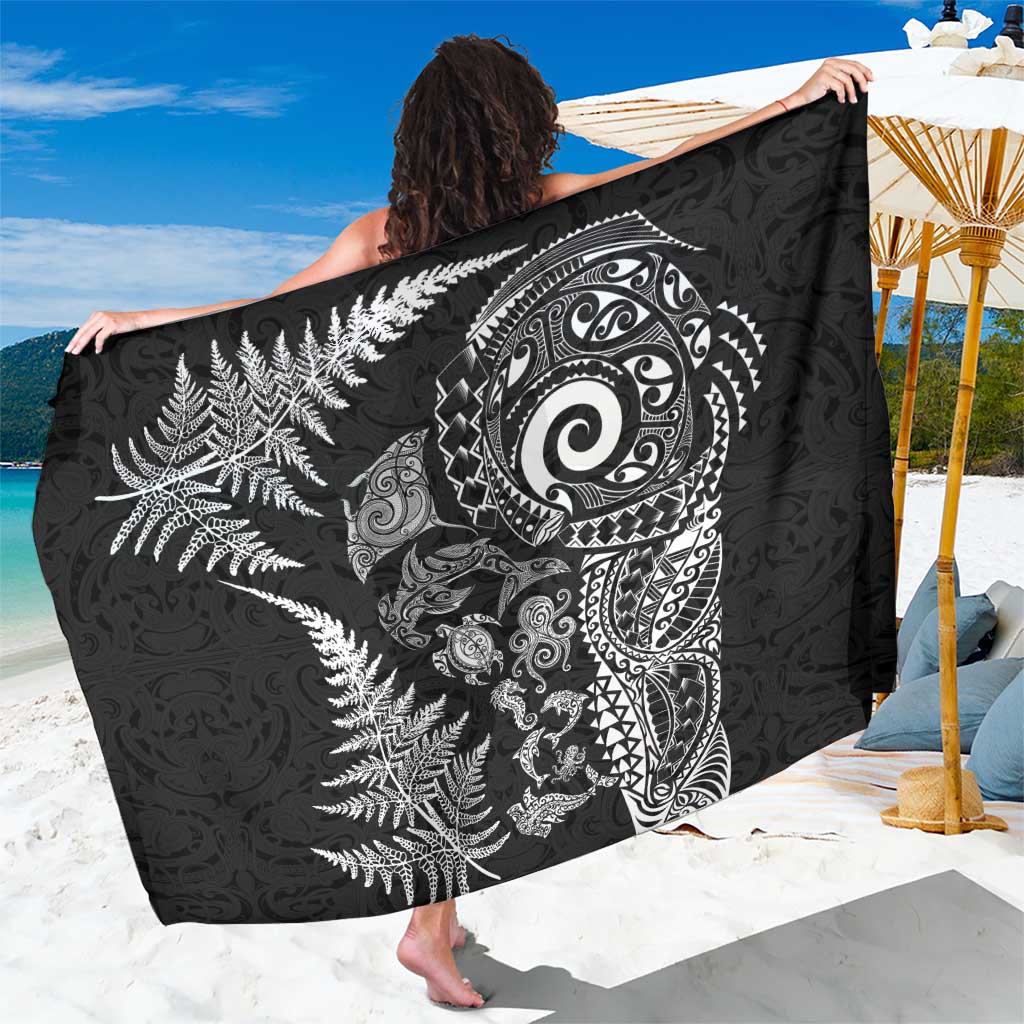 New Zealand Sea Animals Sarong with Maori Koru Tribal Tattoo and Silver Ferns Black Color