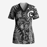 New Zealand Sea Animals Scrub Top with Maori Koru Tribal Tattoo and Silver Ferns Black Color