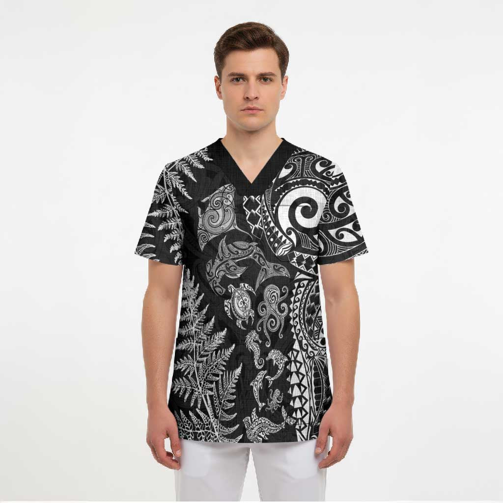 New Zealand Sea Animals Scrub Top with Maori Koru Tribal Tattoo and Silver Ferns Black Color