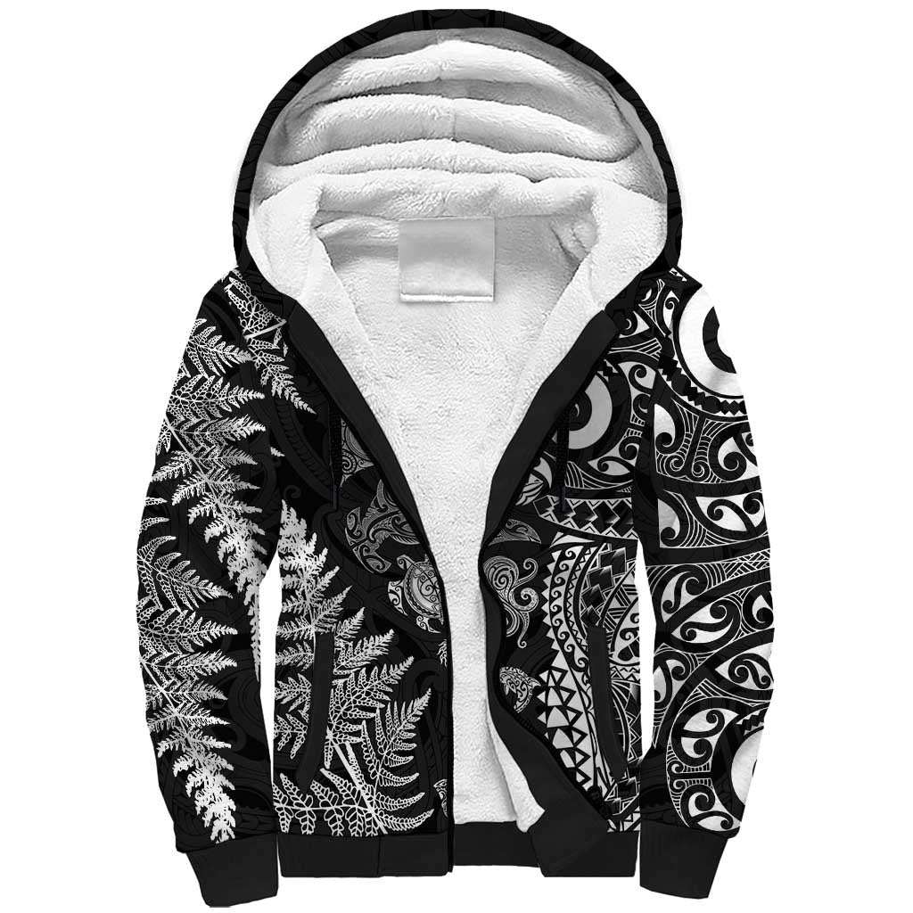 New Zealand Sea Animals Sherpa Hoodie with Maori Koru Tribal Tattoo and Silver Ferns Black Color