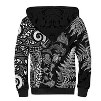New Zealand Sea Animals Sherpa Hoodie with Maori Koru Tribal Tattoo and Silver Ferns Black Color