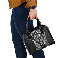 New Zealand Sea Animals Shoulder Handbag with Maori Koru Tribal Tattoo and Silver Ferns Black Color