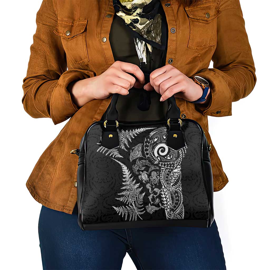 New Zealand Sea Animals Shoulder Handbag with Maori Koru Tribal Tattoo and Silver Ferns Black Color