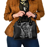 New Zealand Sea Animals Shoulder Handbag with Maori Koru Tribal Tattoo and Silver Ferns Black Color