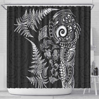 New Zealand Sea Animals Shower Curtain with Maori Koru Tribal Tattoo and Silver Ferns Black Color