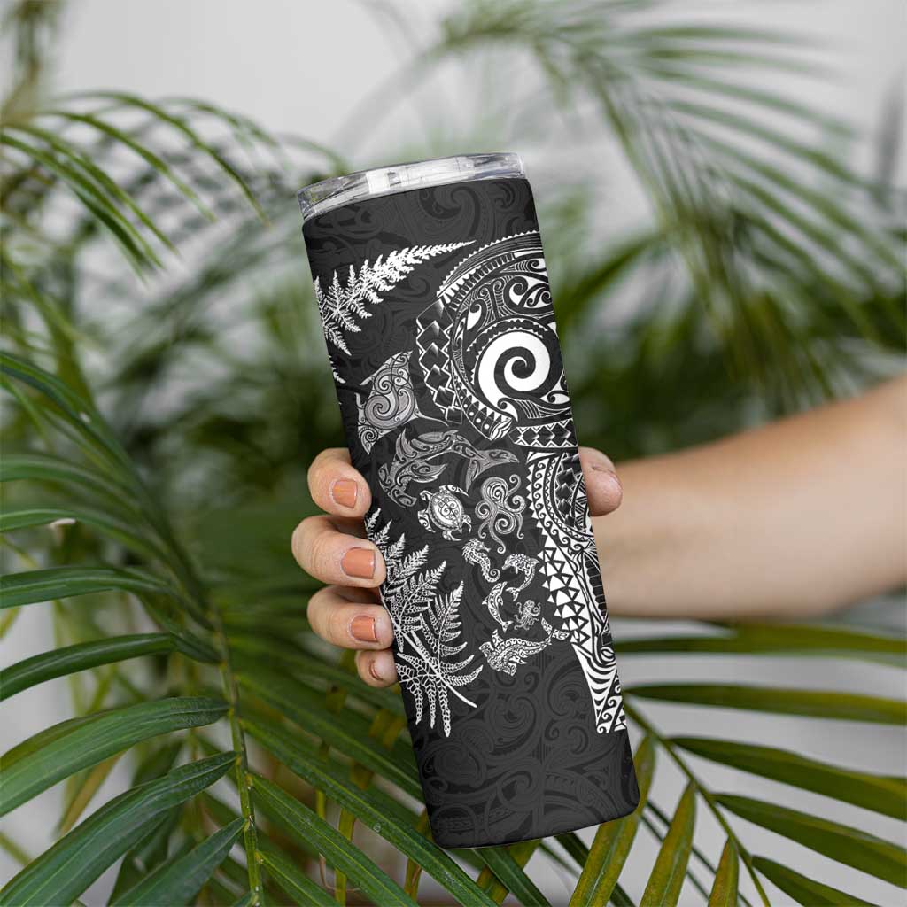 New Zealand Sea Animals Skinny Tumbler with Maori Koru Tribal Tattoo and Silver Ferns Black Color
