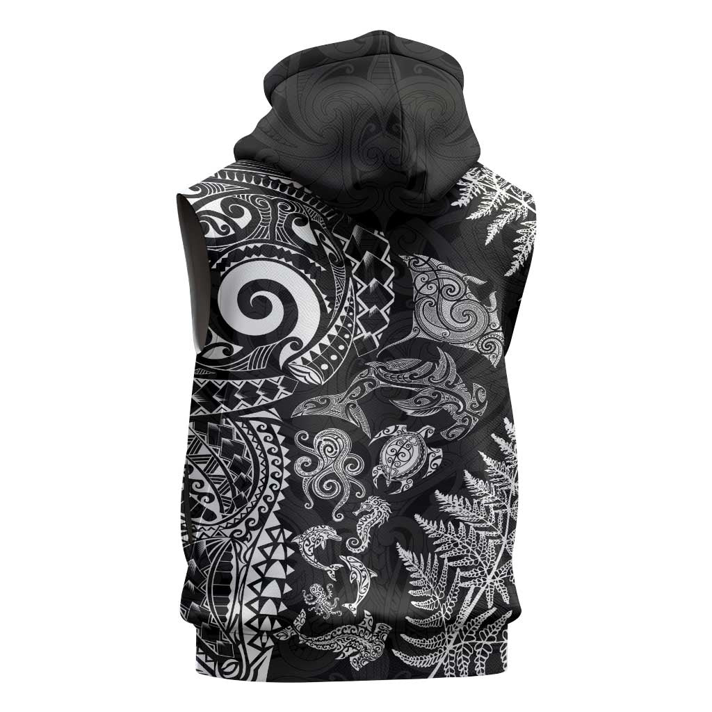 New Zealand Sea Animals Sleeveless Hoodie with Maori Koru Tribal Tattoo and Silver Ferns Black Color
