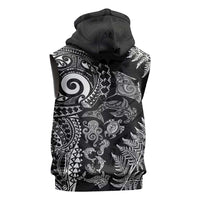 New Zealand Sea Animals Sleeveless Hoodie with Maori Koru Tribal Tattoo and Silver Ferns Black Color