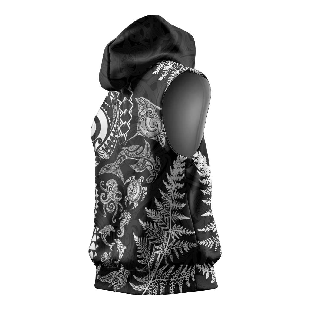 New Zealand Sea Animals Sleeveless Hoodie with Maori Koru Tribal Tattoo and Silver Ferns Black Color