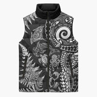 New Zealand Sea Animals Sleeveless Puffer Jacket with Maori Koru Tribal Tattoo and Silver Ferns Black Color