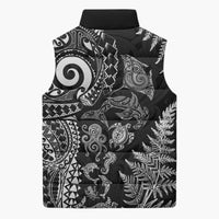 New Zealand Sea Animals Sleeveless Puffer Jacket with Maori Koru Tribal Tattoo and Silver Ferns Black Color