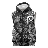 New Zealand Sea Animals Sleeveless Zip Hoodie with Maori Koru Tribal Tattoo and Silver Ferns Black Color