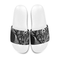 New Zealand Sea Animals Slide Sandals with Maori Koru Tribal Tattoo and Silver Ferns Black Color