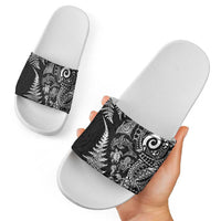 New Zealand Sea Animals Slide Sandals with Maori Koru Tribal Tattoo and Silver Ferns Black Color
