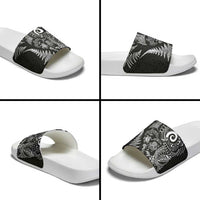 New Zealand Sea Animals Slide Sandals with Maori Koru Tribal Tattoo and Silver Ferns Black Color